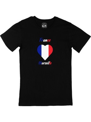 Cix Marsilya Fransa Bayraklı Kalpli Siyah Tişört