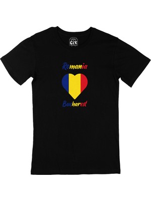 Cix Bükreş Romanya Bayraklı Kalpli Siyah Tişört