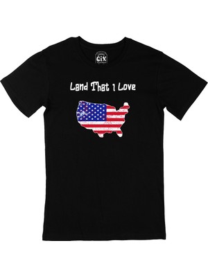 Cix Land That I Love Usa Amerika Bayraklı Kalpli Siyah Tişört