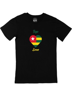 Cix Lome Togo Bayraklı Kalpli Siyah Tişört