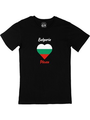 Cix Pleven Bulgaristan Bayraklı Kalpli Siyah Tişört