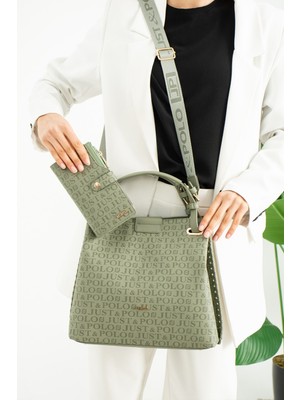 Just Polo Yeşil Büyük Boy Örgülü 5 Gözlü Kadın El & Omuz Çantası ve Cüzdan Kombini 27X30CM PBU20107-09