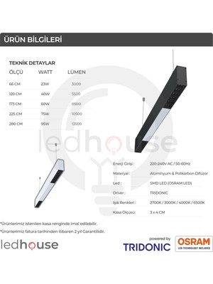 Ledhouse 66 cm Mercekli Linear Modern LED Avize Sıva Üstü Sarkıt Armatür Lineer Aydınlatma (Siyah Kasa - 4000