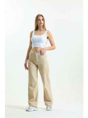 Shevega Krem Bol Paça Salaş Pantolon Wide Leg Jean