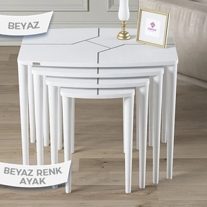 Argent Serisi Mdf ve Lake Boya, Beyaz 4'lü Zigon Sehpa Takımı Gürgen Ayaklar