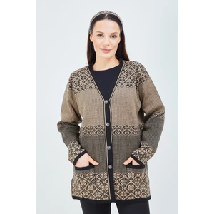 Fresh Moda Kadın Vizon  Desenli Triko Düğmeli Cepli Kışlık Anne Hırkası