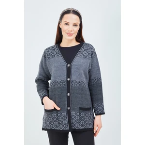 Fresh Moda Kadın Siyah Gri Desenli Triko Düğmeli Cepli Kışlık Anne Hırkası