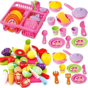 Barbie Oyuncak Bulaşıklık Tabak Tencere Set + 22 Parça Kesilebilen Oyuncak Meyve Sebze Set Kes
