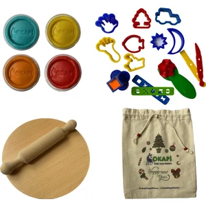 Doğal Oyun Hamuru Eğitici Oyuncak ve Başlangıç Seti 4X125 Gram Bez Çanta, Ahşap Masa ve Merdaneli