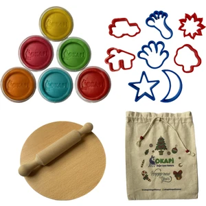 Doğal Oyun Hamuru Eğitici Oyuncak ve Başlangıç Seti 6X125 Gram Bez Çanta, Ahşap Masa ve Merdaneli