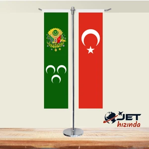 Jet Hızında Jethızında Osmanlı Tuğralı ve Türk Bayrağı 2'li  T Masa Bayrağı Takımı