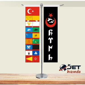 Jet Hızında Jethızında 17 Türk Devleti ve Göktürkçe Türk Yazılı 2'li T Masa Bayrağı Takımı