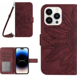 Xstep Case iPhone 14 Pro HT04 Stand Cüzdan Cilt Touch Pu Deri Iç Tpu Kapağı Omuz Kayışı ile Basılı Ayçiçeği Telefon Kılıfı (Yurt Dışından)