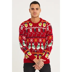 Cool Tarz Erkek Kırmızı-Sarı Christmas Yılbaşı Kazağı