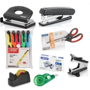 9'lu Masaüstü Kırtasiye Seti Delgeç ve Zımba+Makinası,bant+Makinası Zımba Teli 5 Renk Fosforlu Kalem