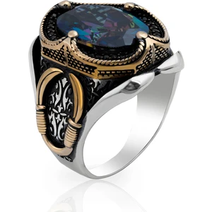 Rev Silver 925 Ayar Gümüş Erkek Yüzük Mistik Topaz Taşı Parlak Gökkuşağı Kılıç Motifli