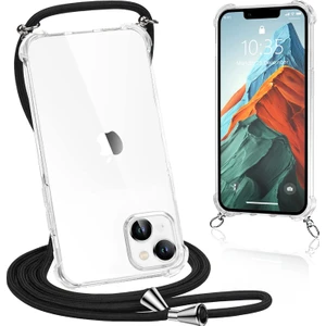 Apple iPhone 14 Kılıf Boyun - Omuz Askılı Köşe Korumalı Siyah iPli Kordonlu Anti Şok Şeffaf Silikon