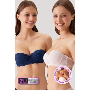 Pierre Cardin 2'li Ekonomik Paket Lacivert - Pudra 6302-2 Balenli Destekli Straplez Dantelli Sütyen Set