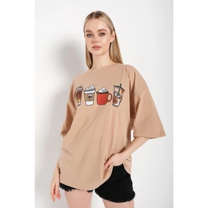 Kadın Coffee Baskılı Oversize T-Shirt