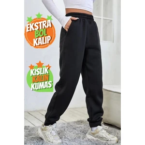 Kışlık Kalın Oversize Eşofman Altı 3 Iplik Jogger Şardonlu