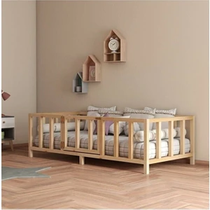 CND Home Kapılı Unisex Montessori Bebek ve Çocuk Karyolası Doğal Ahşap Yatak