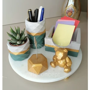 Mile Concept Masaüstü Dekoratif Beton Ofis Seti; Kalemlik, Notluk, Bloknotluk, Ayıcık, Saksı ve Sukulent/kaktüs