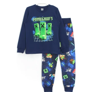 3D Minecraft Baskılı Erkek Çocuk Pijama Takımı Lacivert