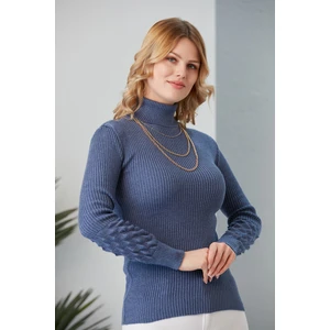 Kadın Mavi, Kol Detaylı Balıkçı Yaka Triko Kazak