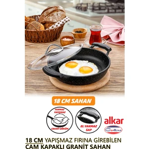 18 cm Cam Kapaklı Granit Döküm Sahan El Yakmaz Sap Tekli Kapaklı Sahan