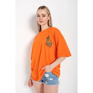 Kadın Oversize Kaktüs Baskılı T-Shirt Tişört
