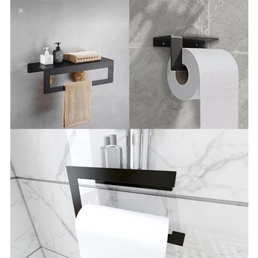 Rimed technology Modern Metal 3'lü Set Raflı Banyo Havlu Askılığı-Rolu Havlu Askılığı -Tuvalet