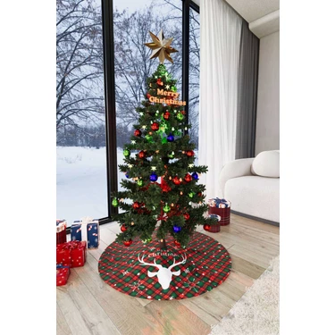 Cango Home Kırmızı Yeşil Ekose Desenli Yılbaşı Temalı Dijital Baskılı Çam Ağacı