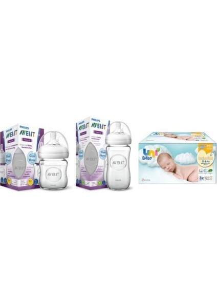 Avent Yenidoğan Cam Biberon Seti + 3'lü Uni Yenidoğan Islak Mendil Philips Avent Cam