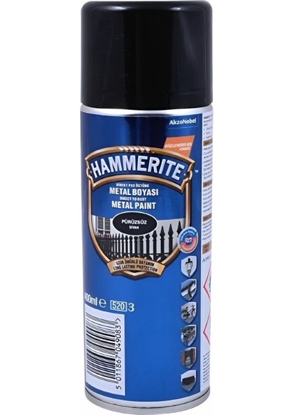 Hammerite Direkt Pas Üstü Pürüzsüz Metal Sprey Boyası Siyah 400 ML