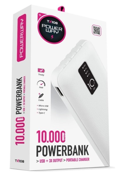 Powerway TX108 10.000 Mah Dijital Göstergeli Ekstra Kablolu 4 Çıkışlı Powerbank