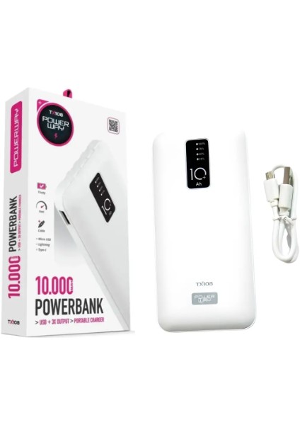 Powerway TX108 10.000 Mah Dijital Göstergeli Ekstra Kablolu 4 Çıkışlı Powerbank