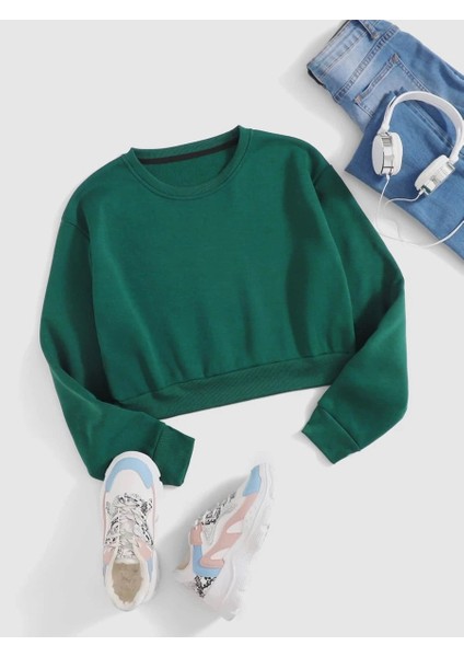 Kadın Crop Basic Bisiklet Yaka Sweatshirt