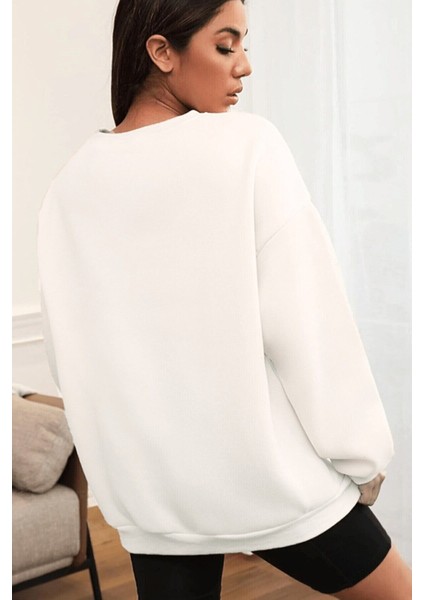 Kadın Basic 0 Sıfır Yaka Baskısız Düz Oversize Salaş Bol Kesim Polar Sweatshirt