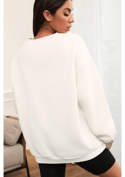 Kadın Basic 0 Sıfır Yaka Baskısız Düz Oversize Salaş Bol Kesim Polar Sweatshirt