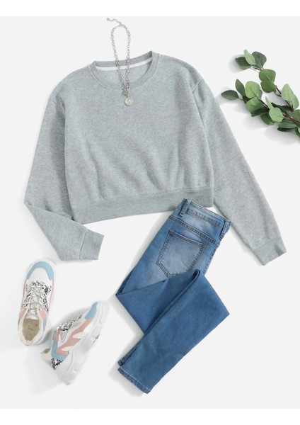 Kadın Crop Basic Bisiklet Yaka Sweatshirt