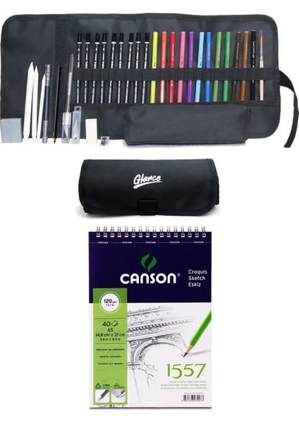 Canson Eskiz Defteri A5 120 gr 40 Yp Faber Watercolor Kuru Boya Lyra Karakalem Rulo Çantalı Set