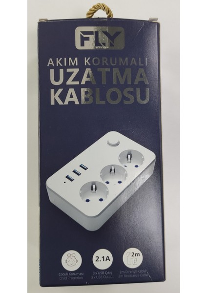 3406-01 3lü Anahtarlı 2.1A 3usb Şarj Çıkışı 2mt Anahtarlı Akım Korumalı Priz Çocuk Koruması
