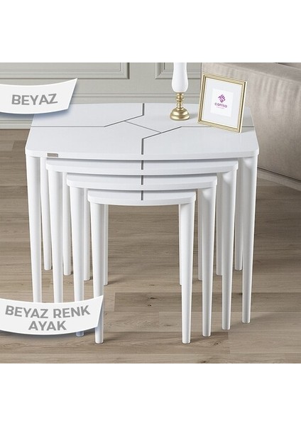 Argent Serisi Mdf ve Lake Boya, Beyaz 4'lü Zigon Sehpa Takımı Gürgen Ayaklar