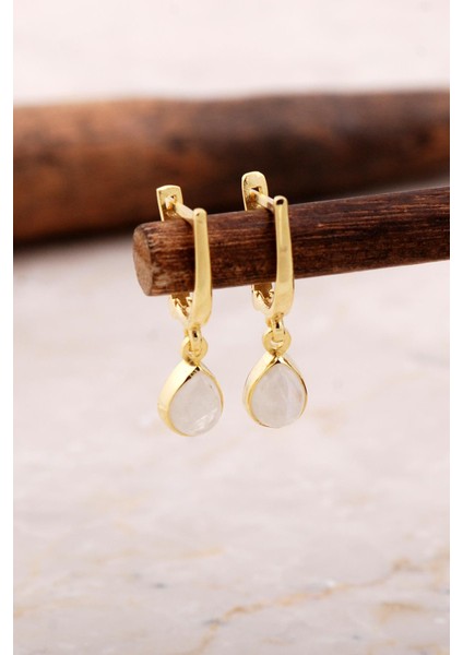 Doğal Ay Taşlı Damla Mini Altın Yaldızlı Gümüş Küpe 5865