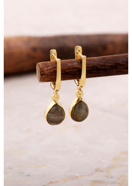 Doğal Labradorit Taşlı Damla Mini Altın Yaldızlı Gümüş Küpe 5871