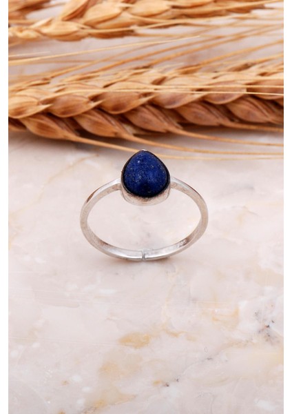 Lapis Lazuli Taşlı Damla Rodyumlu Gümüş Yüzük 3673