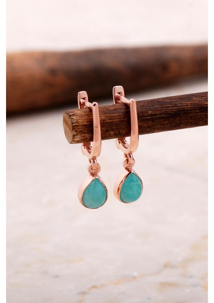 Doğal Amazonit Taşlı Damla Mini Rose Gümüş Küpe 5863