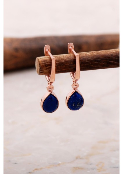 Doğal Lapis Lazuli Taşlı Damla Mini Rose Gümüş Küpe 5869