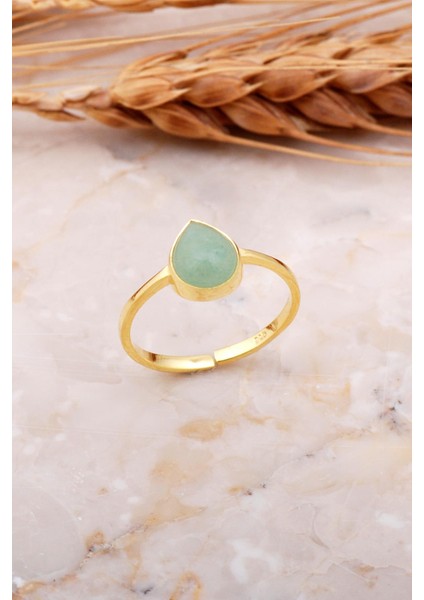 Prehnit Taşlı Damla Altın Kaplama Gümüş Yüzük 3655