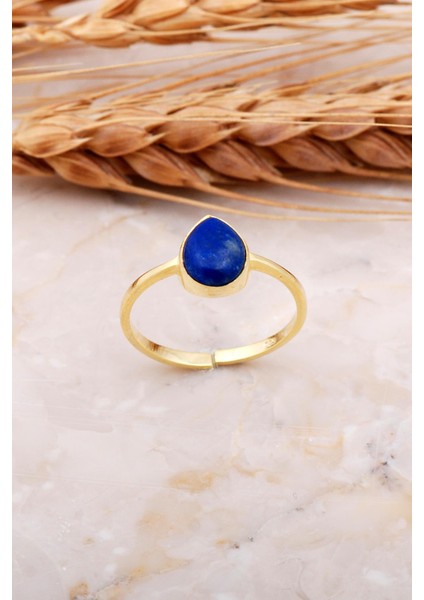 Lapis Lazuli Taşlı Damla Altın Yaldızlı Gümüş Yüzük 3674